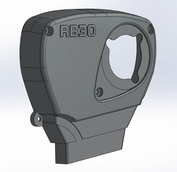 A 3D digital render of a dark gray protective housing or cover with the embossed text 'RB30' on the top surface, shown against a light gray gradient background.