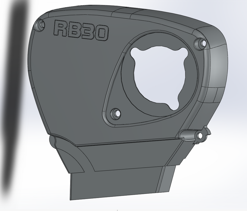 A 3D CAD rendering of a dark gray plastic cover or guard with the embossed text 'RB30' on the top left, shown against a light gray background.