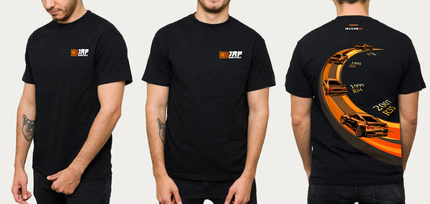 Black t-shirt with a logo on the chest and a car graphic on the back, worn by a person.