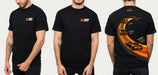Black t-shirt with a logo on the chest and a car graphic on the back, worn by a person.